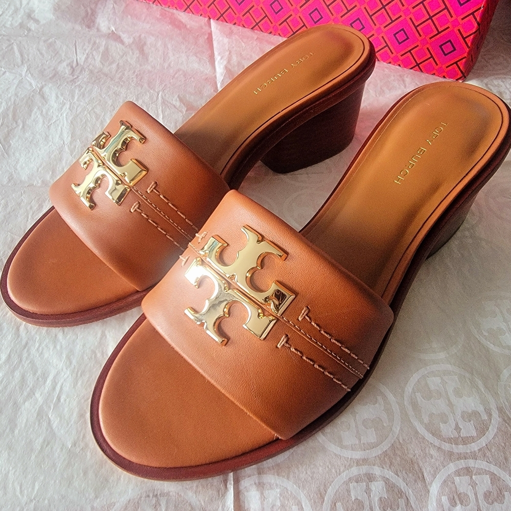 ⭐️Tory Burch womens Peep-toe Tan Slide Sandals with Gold Logo - Picture 15 of 16